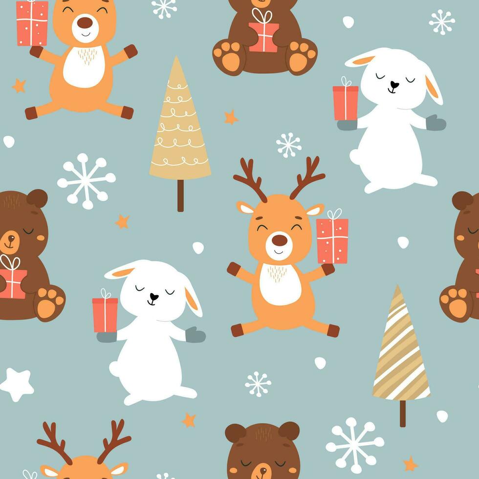 Seamless pattern with cute cartoon animals in winter on the background of snowflakes, gift boxes. Festive print with deer, bears, hares. Vector graphics.
