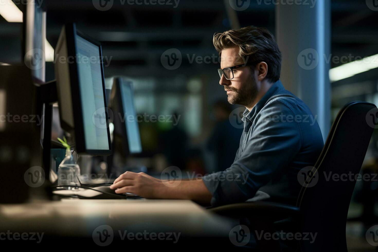 An office worker is focused on working in front of the monitor AI Generative photo