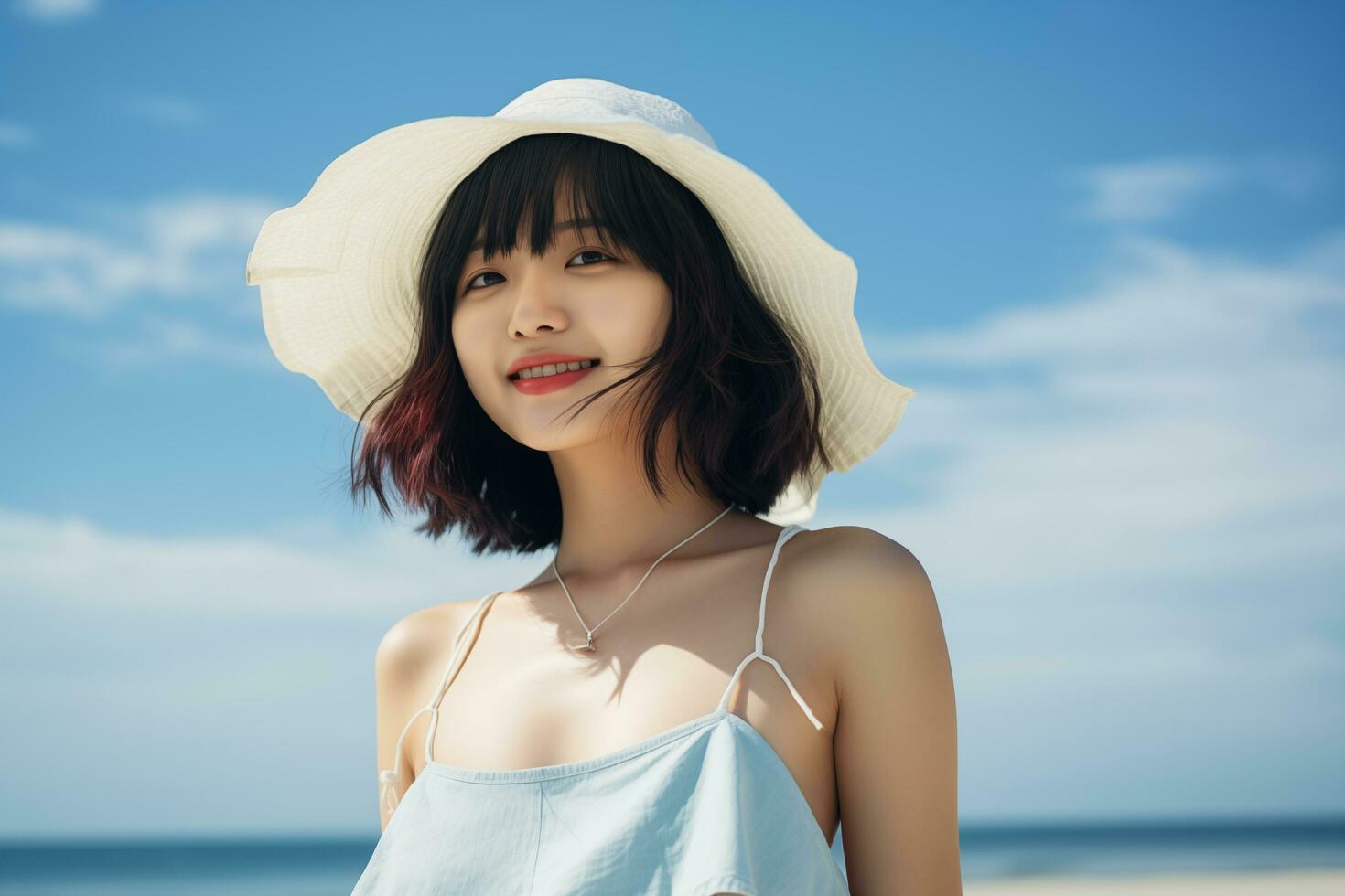 hermosa joven asiático niña vistiendo verano vestir en soleado día ai generativo foto