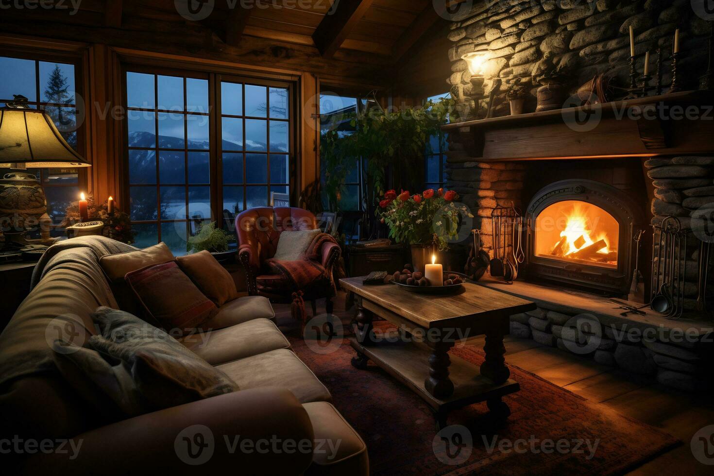 a cozy rustic home interior with fireplace AI Generative photo