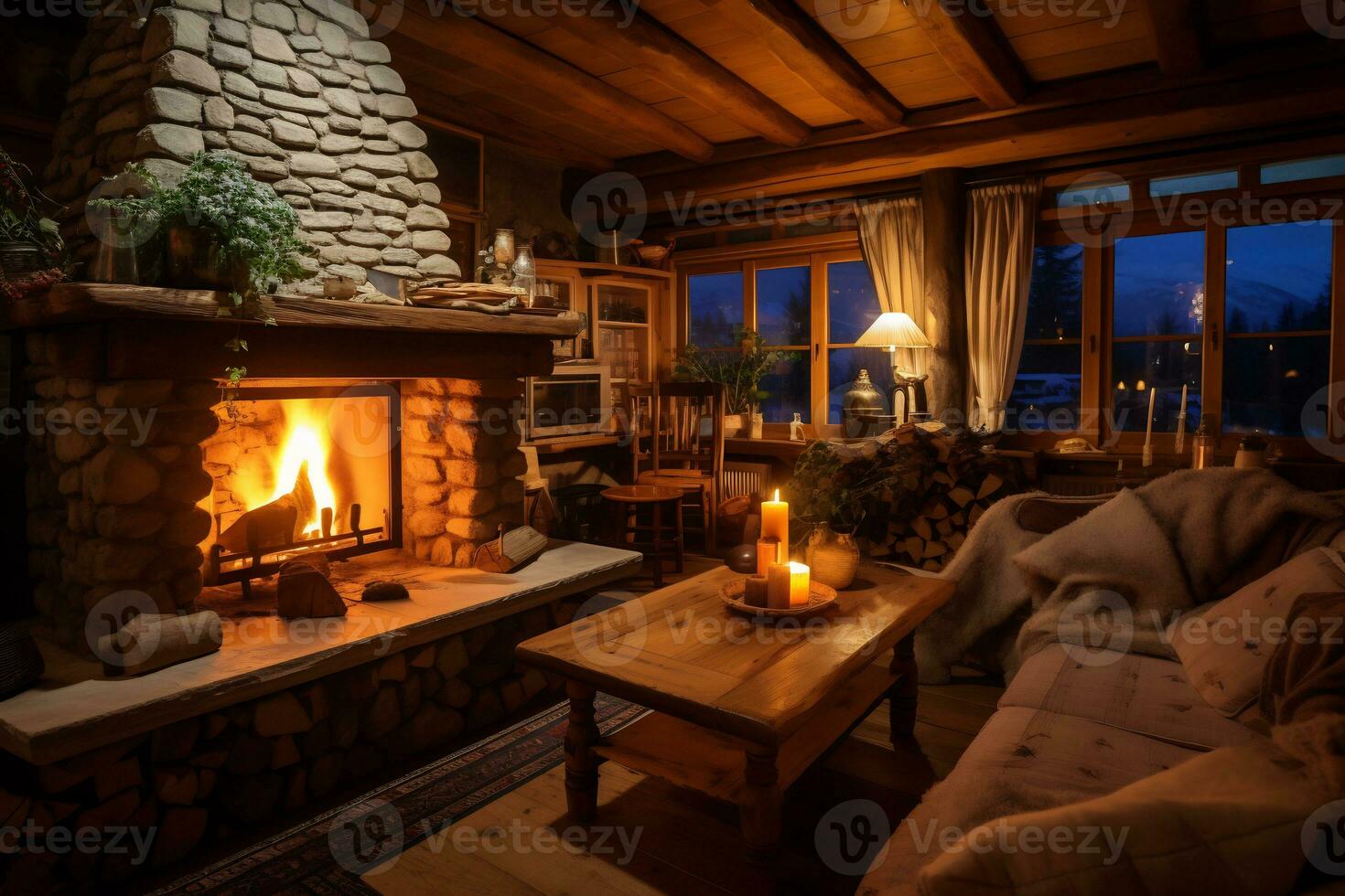 a cozy rustic home interior with fireplace AI Generative photo
