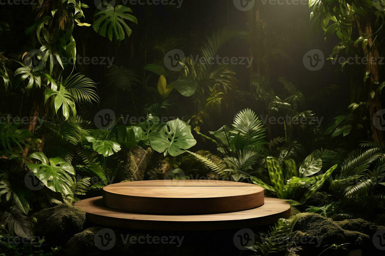 Wooden podium in tropical forest for product presentation AI Generative photo