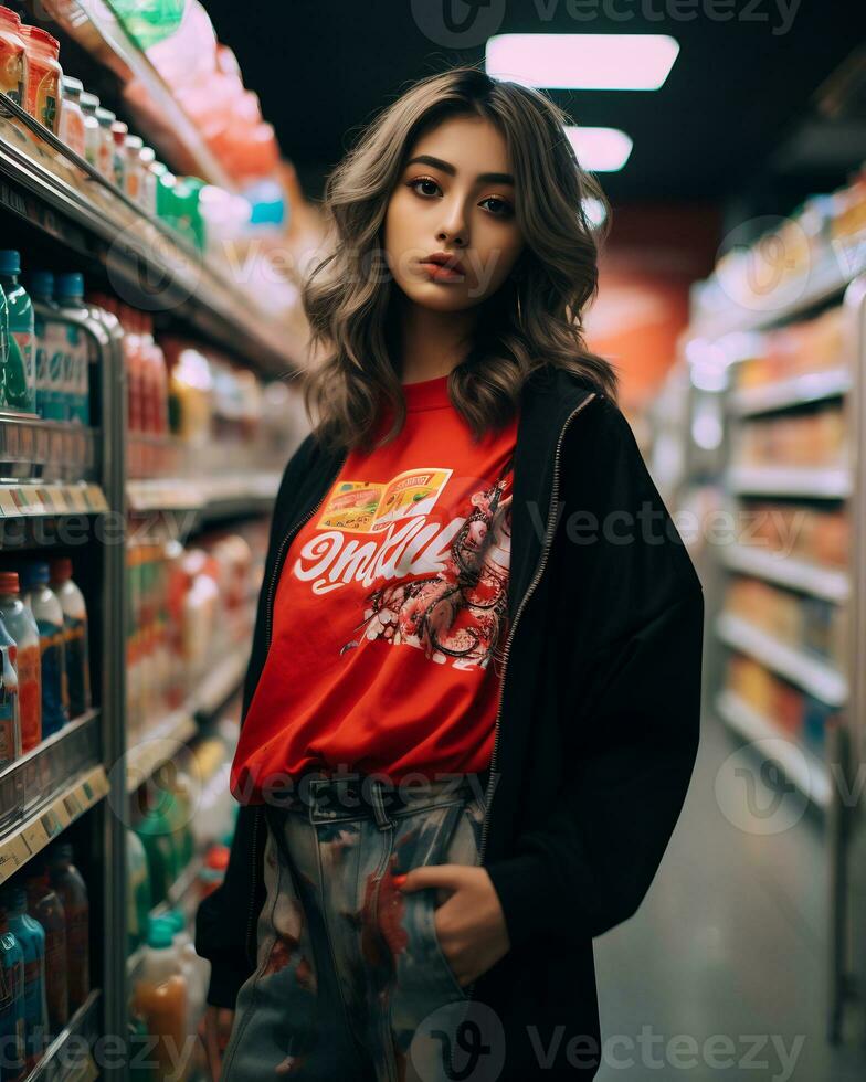 un elegante niña vistiendo ropa de calle en un conveniencia Tienda ai generativo foto