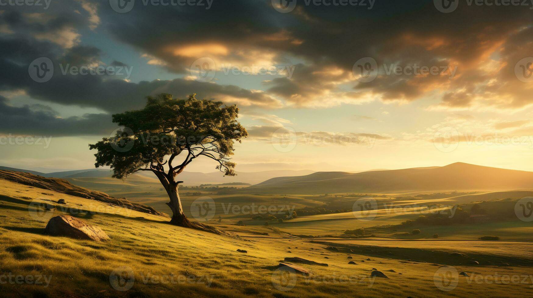 majestuoso puesta de sol terminado verde prados ai generativo foto