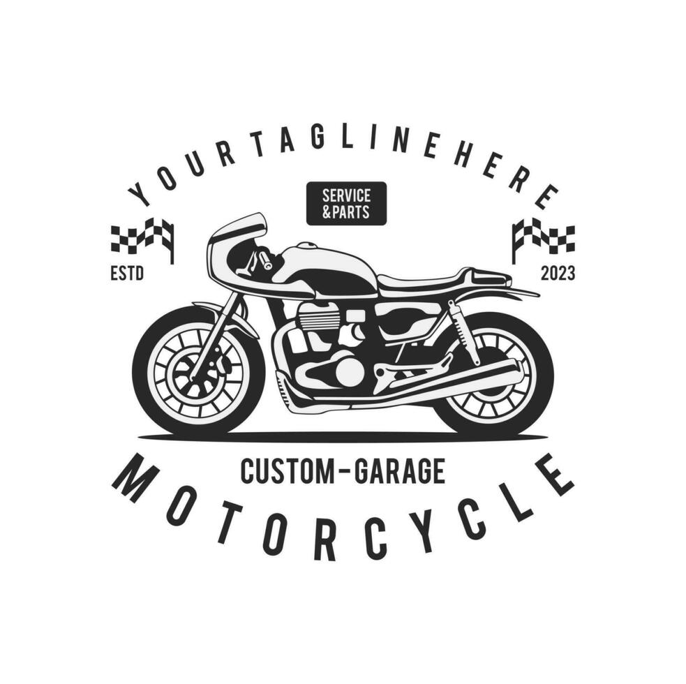 motocicleta personalizado garaje ilustración, motocicleta Servicio y partes. Clásico personalizado motocicleta emblemas, etiquetas, insignias, logotipos, huellas dactilares, plantillas. vector