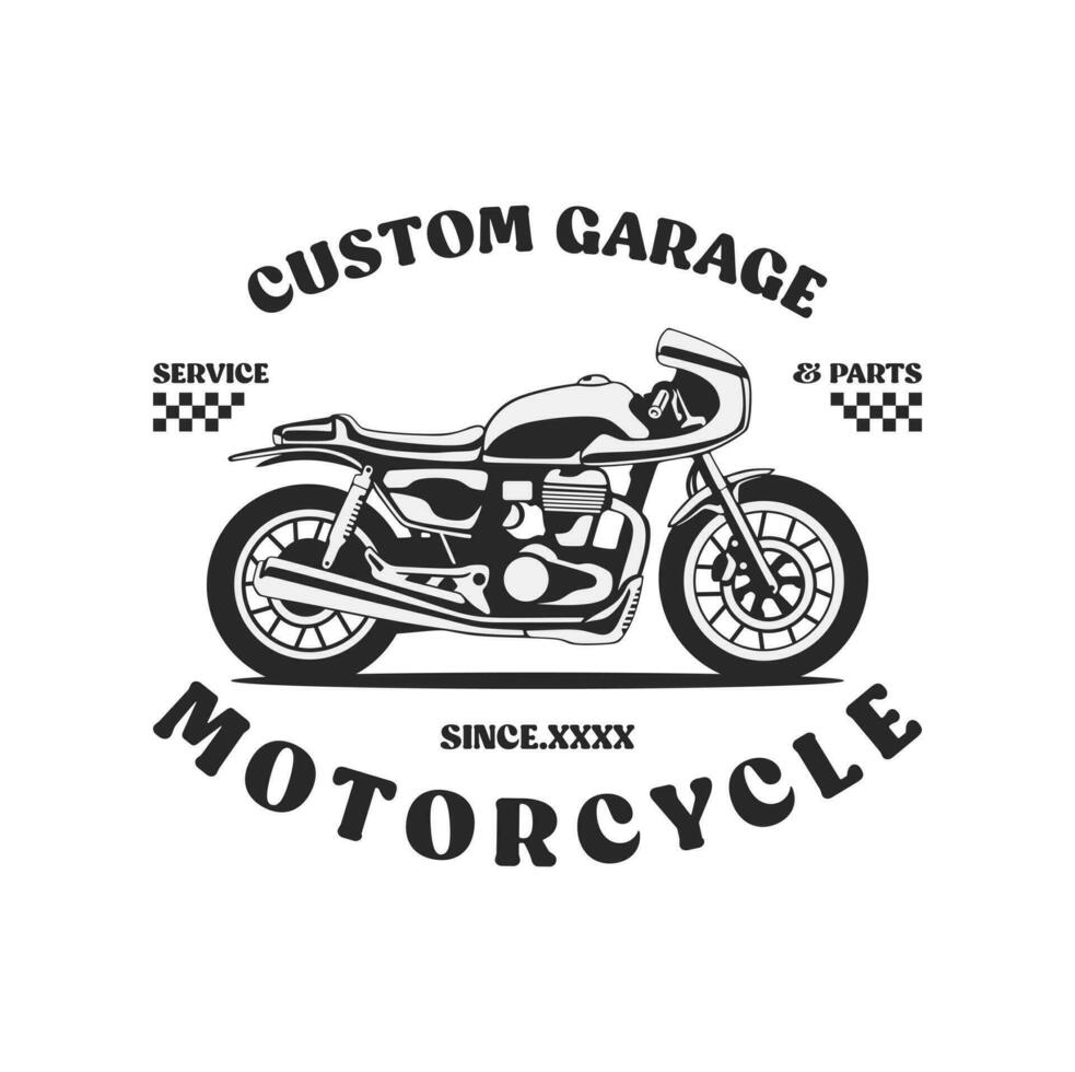 motocicleta personalizado garaje ilustración, motocicleta Servicio y partes. Clásico personalizado motocicleta emblemas, etiquetas, insignias, logotipos, huellas dactilares, plantillas. vector