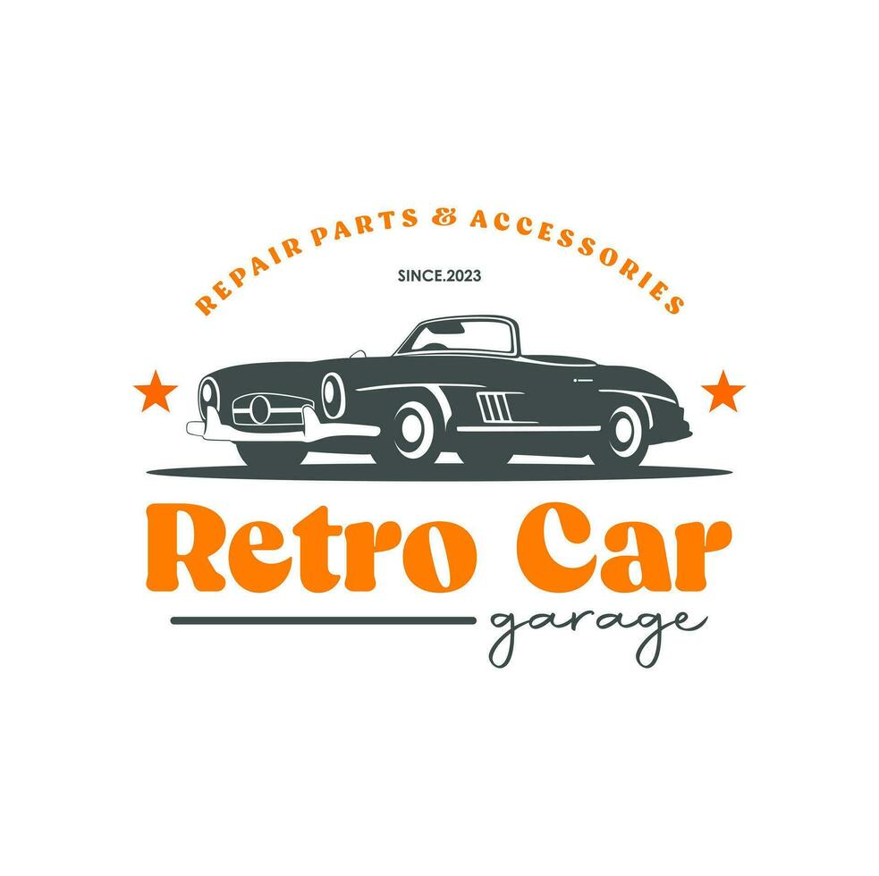 Vintage or retro or classic car logo design  vector illustration. Retro emblem of car repair  restoration and club design element.