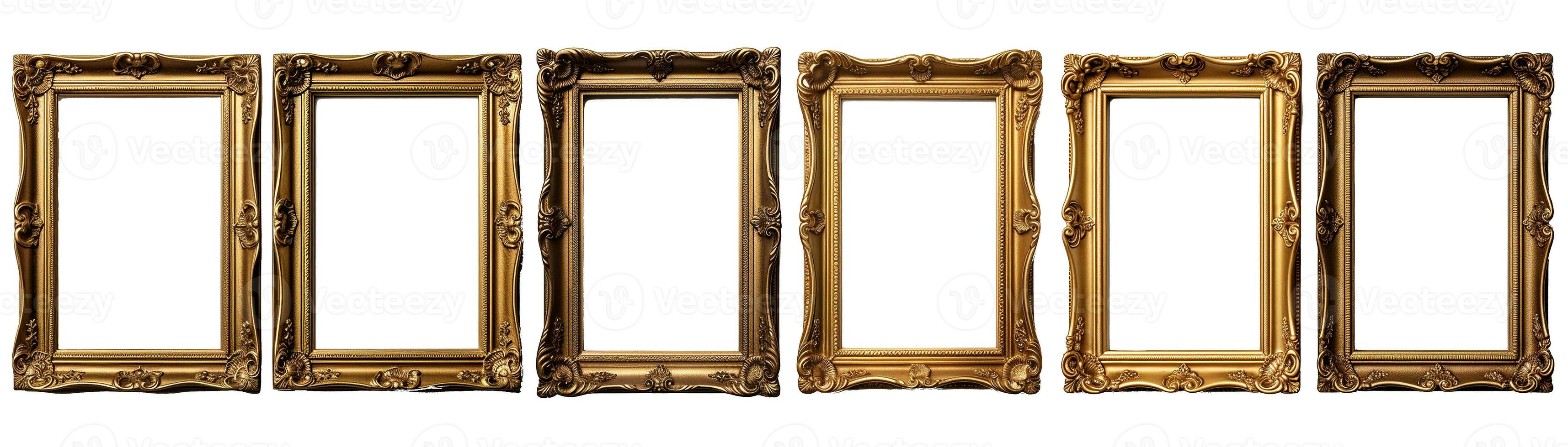 Collection of front view antique rectangle golden picture frame. Photo of ancient vintage mirror frame. Isolated on white background. Generative AI