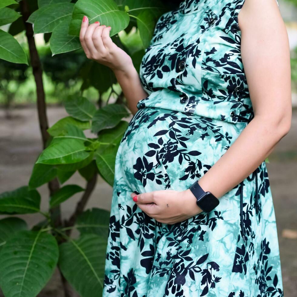 A pregnant Indian lady poses for outdoor pregnancy shoot and hands on  belly, Indian pregnant woman