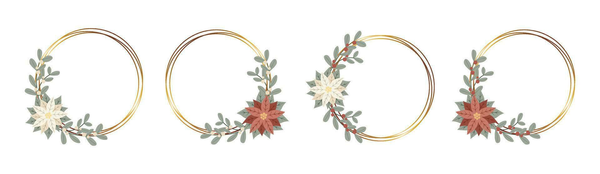 Set Christmas gold frames with red and white poinsettia flower.Design for New Year and Christmas cards, scrapbooking, stickers, planner, invitations vector
