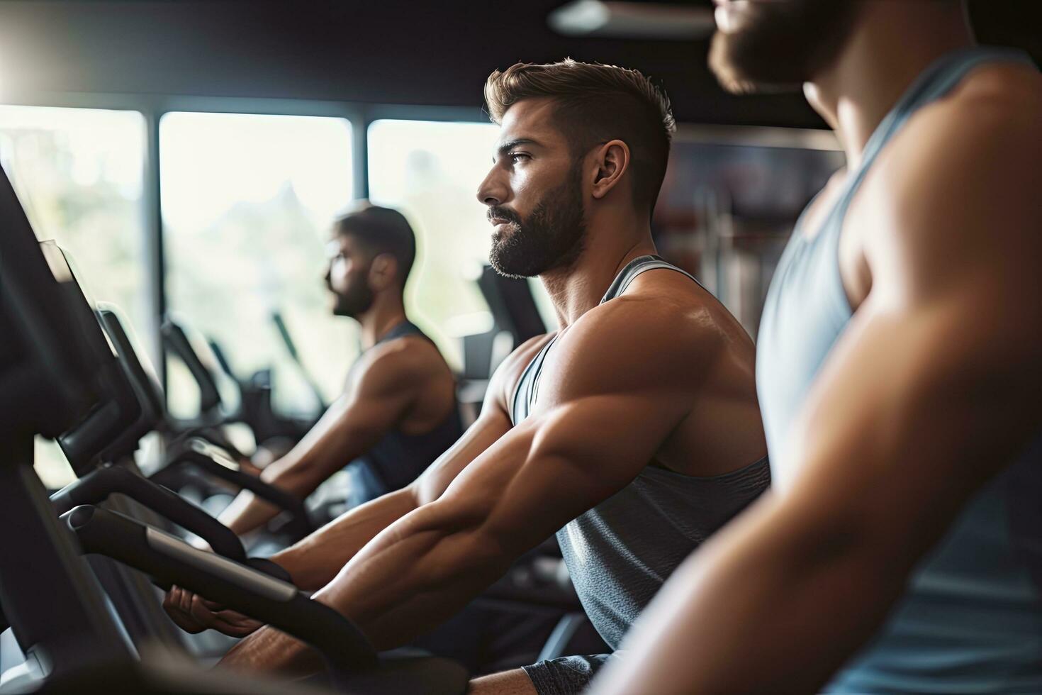 Handsome young man working out on a treadmill in a gym, Man working on fitness machine at the gym, top section cropped, AI Generated photo