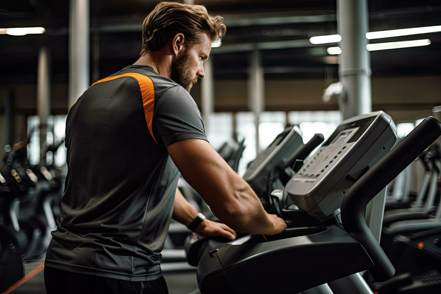 Side view of a handsome young man exercising on a treadmill in a gym, Man working on fitness machine at the gym, top section cropped, AI Generated photo