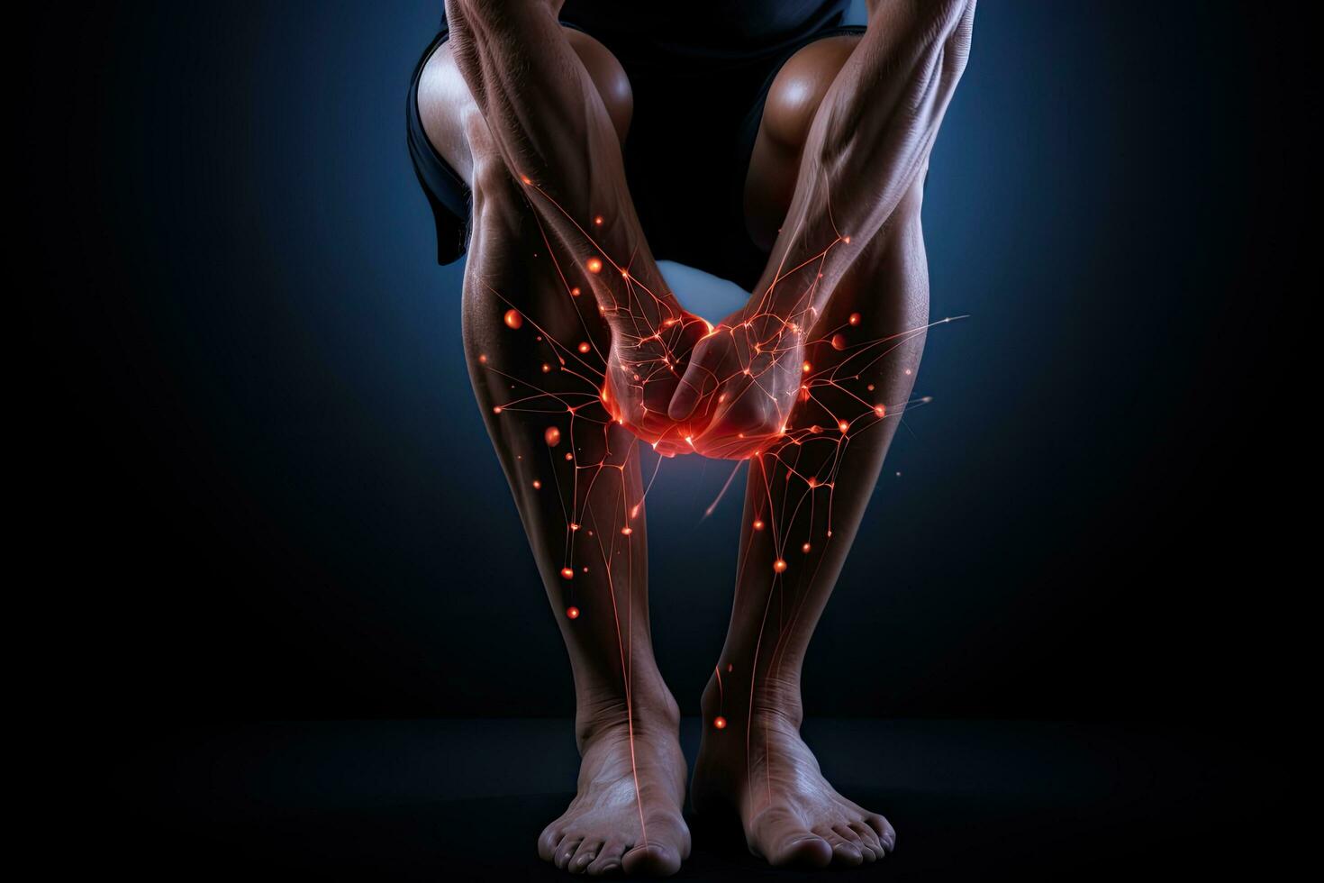 Man with pain in the knee on dark background. Concept of knee pain, Man suffering from knee pain on Black background, panoramic banner, AI Generated photo