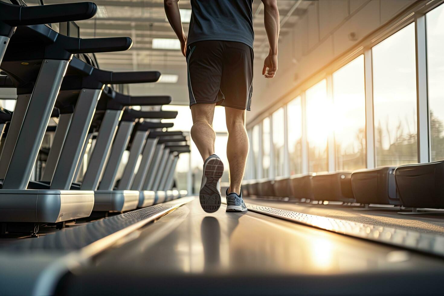 hombre corriendo en rueda de andar en moderno aptitud gimnasia. sano estilo de vida y bienestar concepto, hombre caminando en rueda de andar a aptitud gimnasio club, parte superior sección recortado, ai generado foto