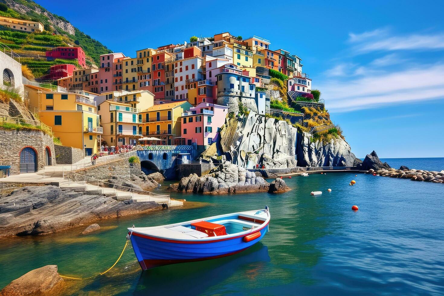 Colorful village of Manarola in Cinque Terre, Italy, Manarola traditional typical Italian village in National park Cinque Terre, colorful multicolored buildings houses on rock cliff, AI Generated photo