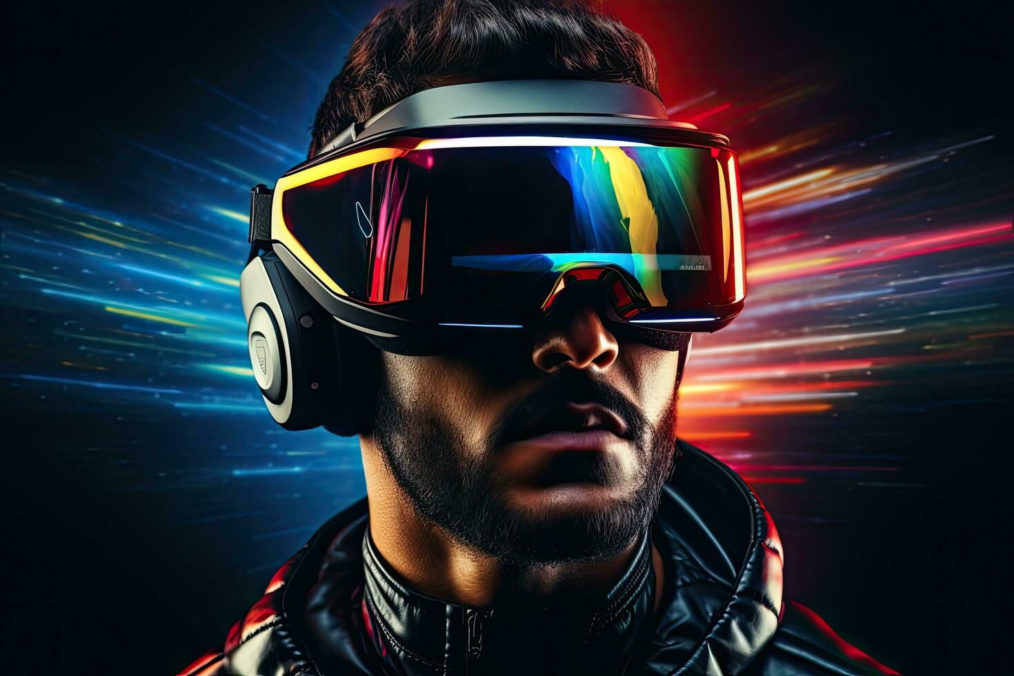 Portrait of a handsome man wearing virtual reality goggles. Future technology concept, Young woman wearing virtual reality goggles. Future technology and entertainment concept, AI Generated photo