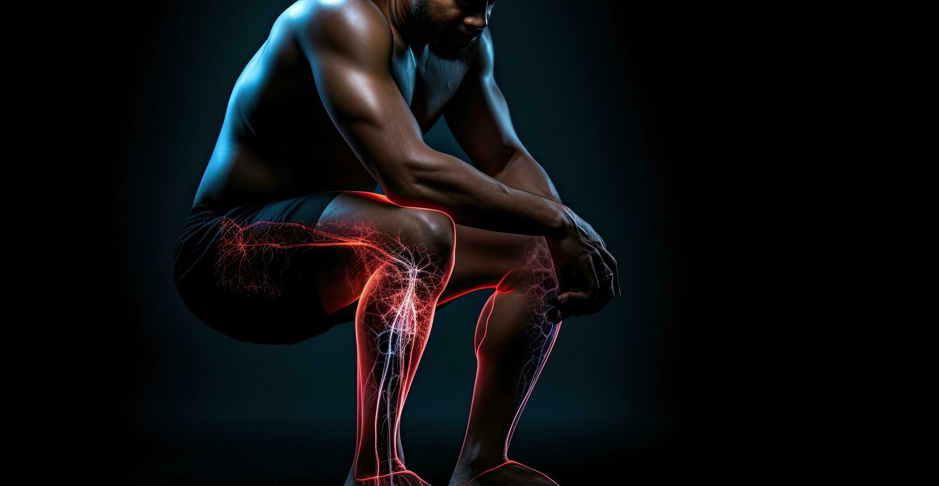 3D Illustration of a man suffering from pain in the knee, Man suffering from knee pain on Black background, panoramic banner, AI Generated photo