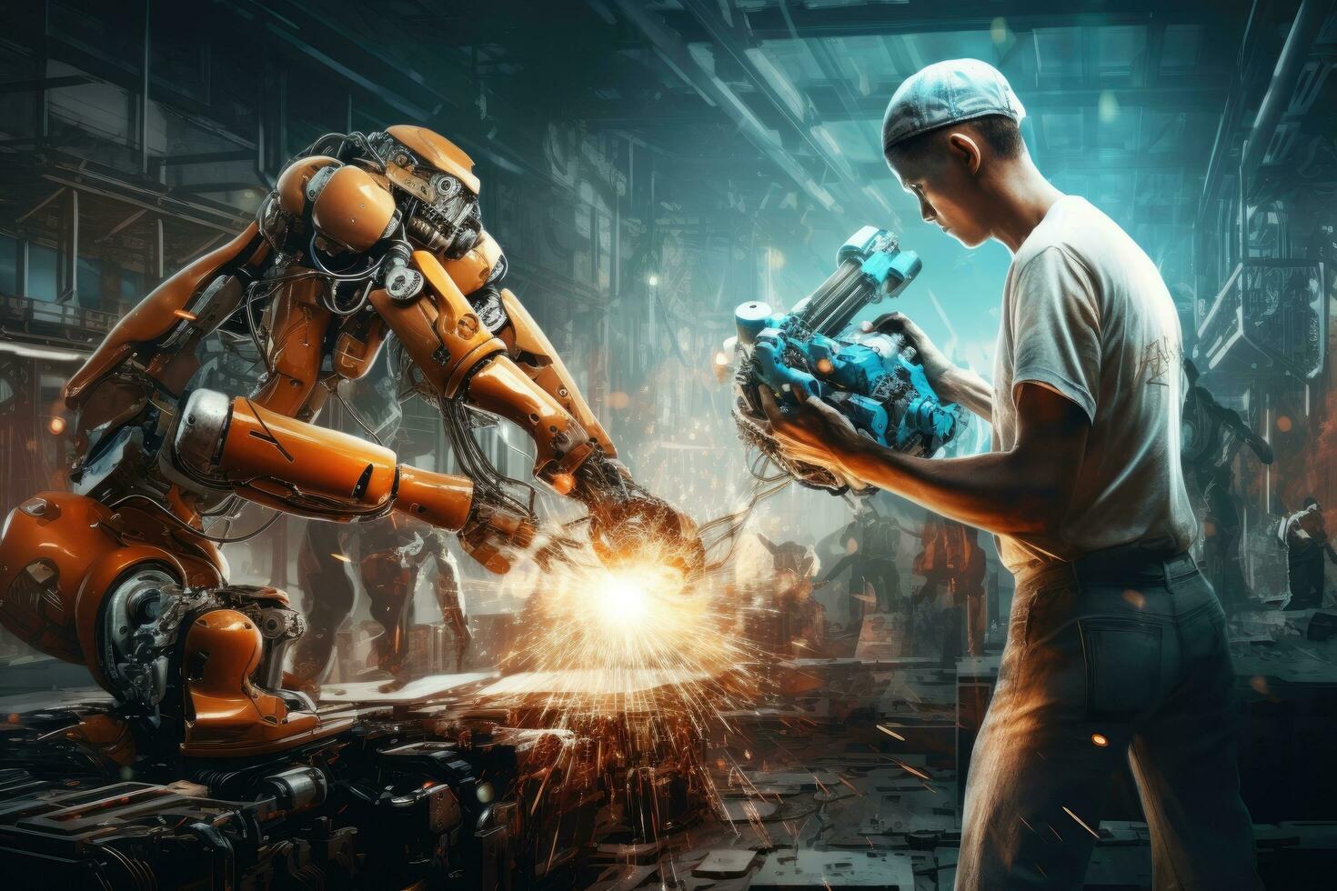 Mechanized industry robot working with human worker in factory. Mixed media, Mechanized industry robot arm and factory worker working together. Mixed media, AI Generated photo