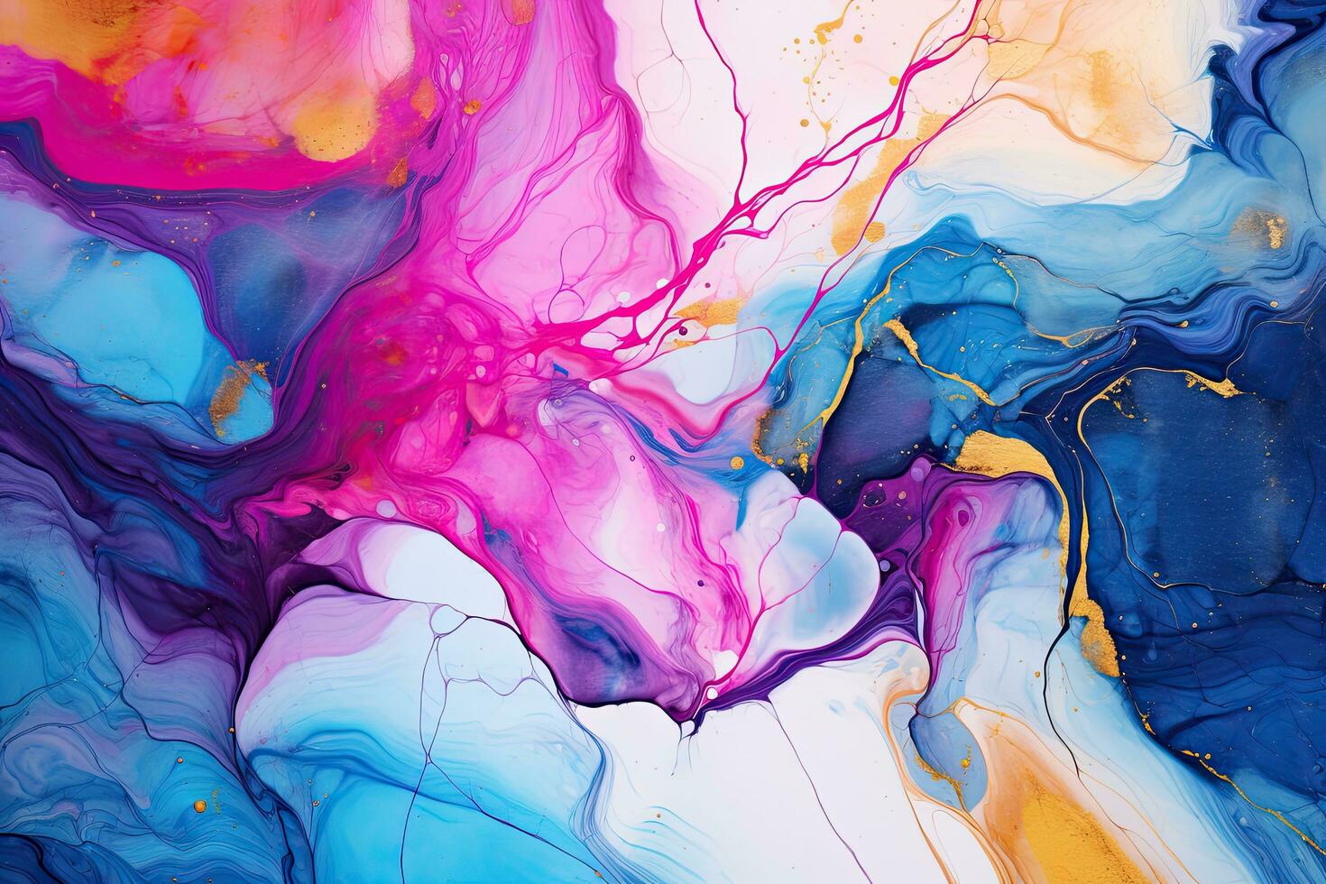 Abstract background of acrylic paint in blue, pink and yellow colors, Marble ink paint abstract. Close Up image, AI Generated photo