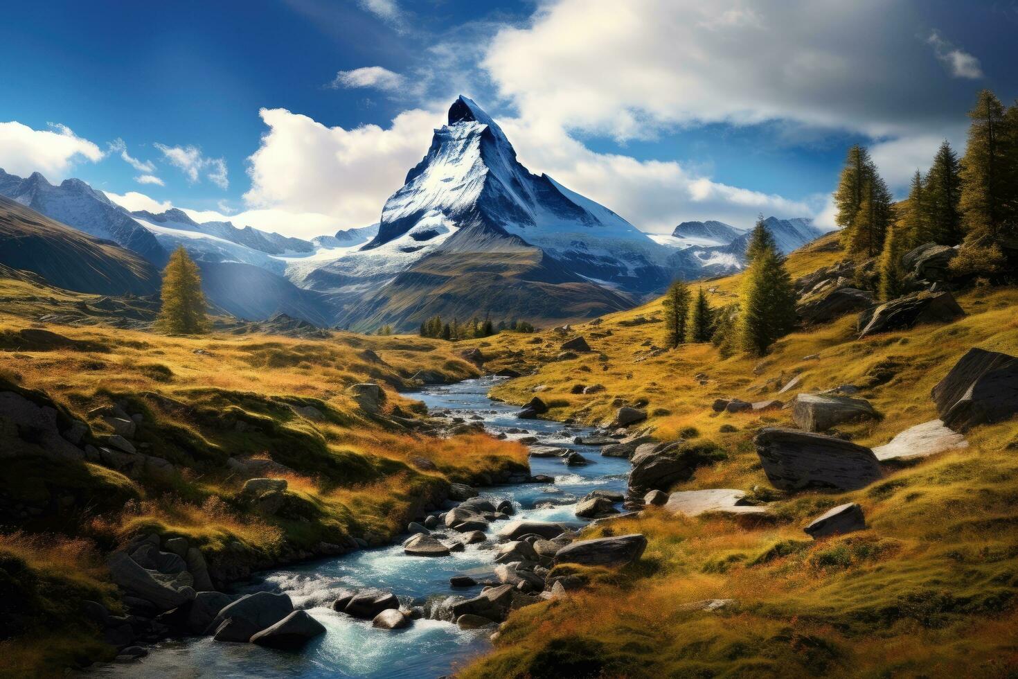 Matterhorn mountain and river, Switzerland, Europe. Digital painting, Matterhorn, Switzerland, AI Generated photo