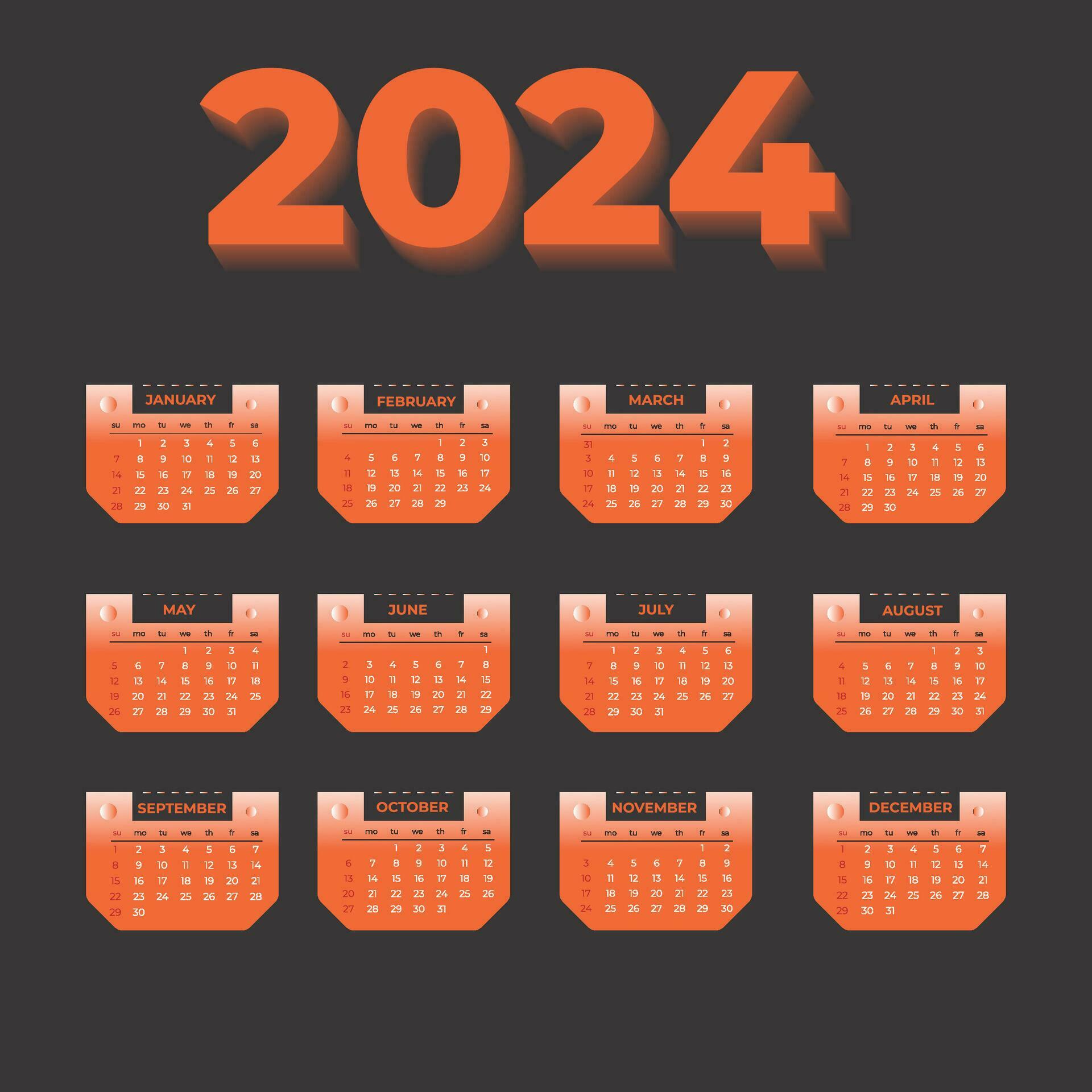 2024 Calendar Planner Template, one page calendar 33505155 Vector Art