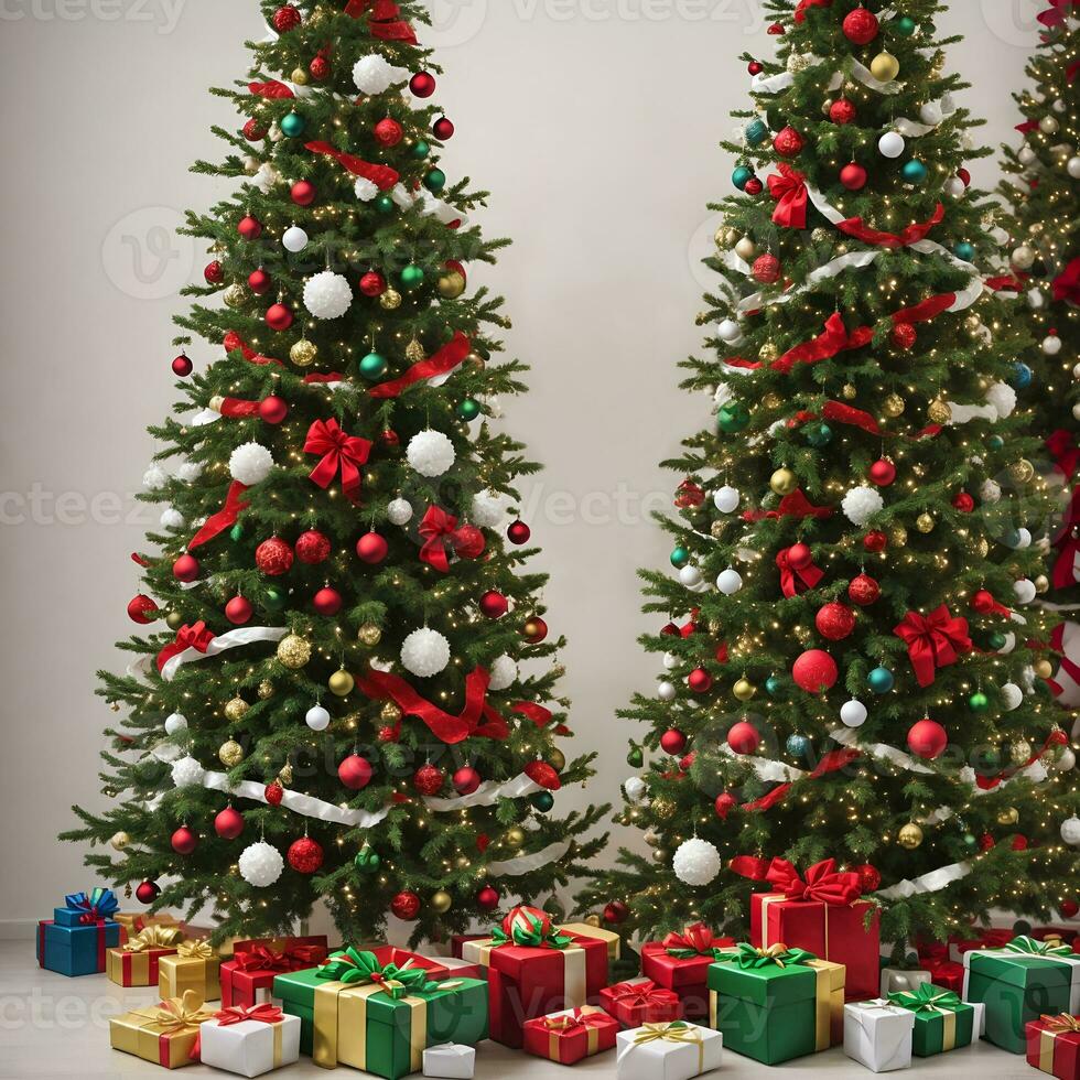 hermosa Navidad árbol en decorado vivo habitación. festivo interior por ai generado foto