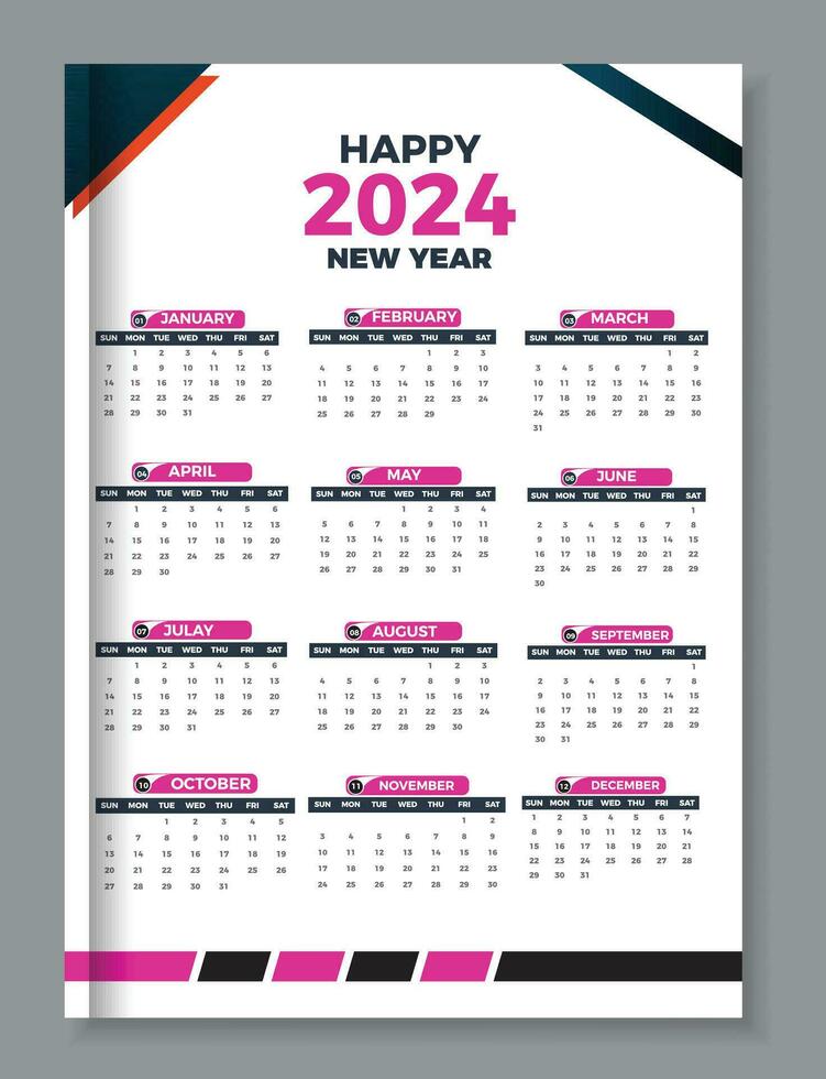 Vector Calendar 2024 Template Design, One page wall calendar design for
