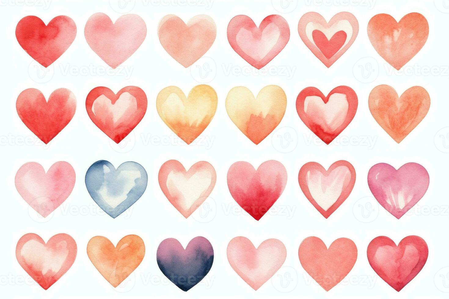 Ai generated set of watercolor hearts in the same style in a delicate red and pink palette for Valentine's Day. photo