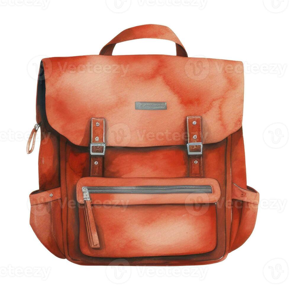 Ai generated orange school stylish backpack, watercolor illustration, back to school, isolated on white. photo