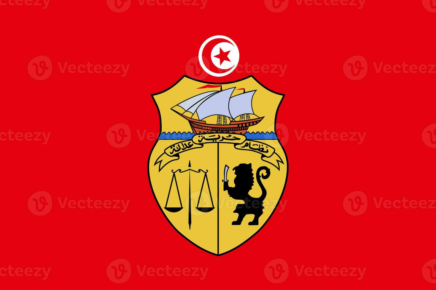 The official current flag and coat of arms of Tunisian Republic. State flag of Tunisia. Illustration. photo