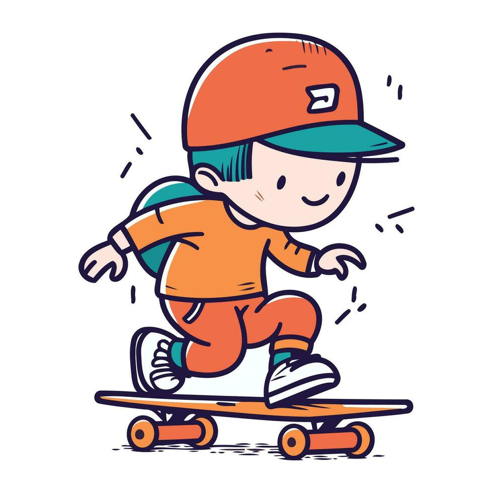 pequeño chico montando un patineta. linda dibujos animados vector ilustración.