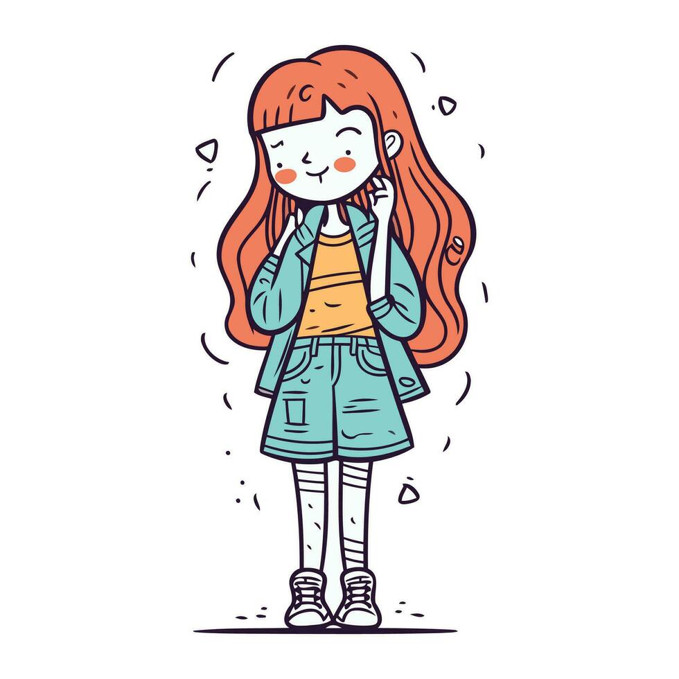 Cute little girl with long red hair in casual clothes. Vector illustration.