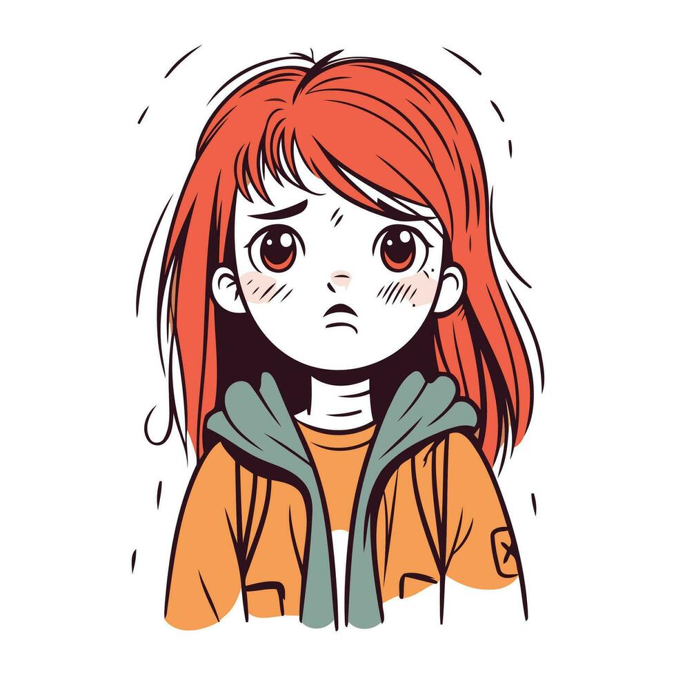 enojado niña con rojo cabello. vector ilustración en bosquejo estilo.