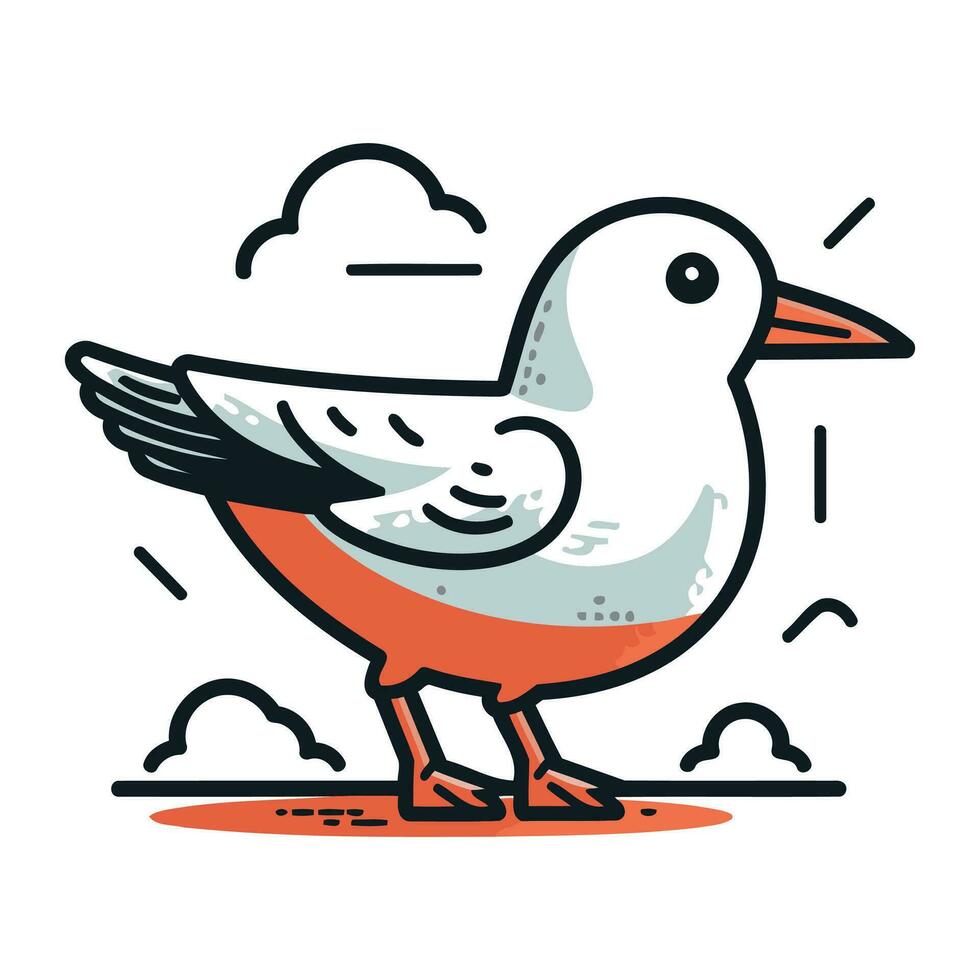 Vector illustration of a seagull flying in the sky with clouds