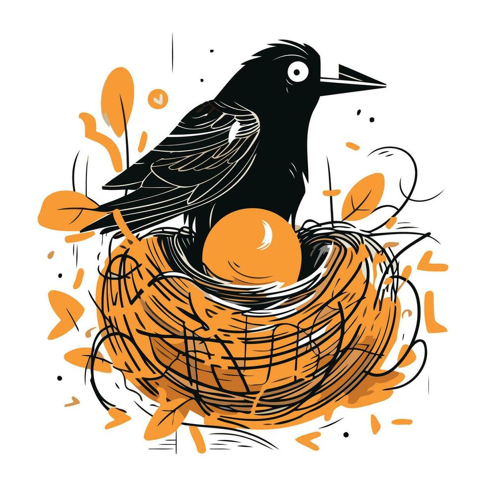 Crow sitting in the nest with eggs. Hand drawn vector illustration.