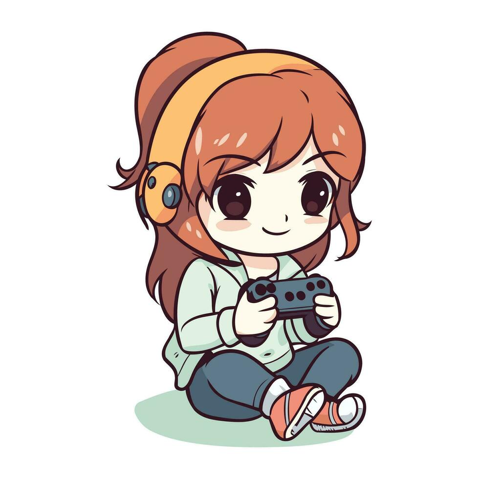 Illustration of a Cute Little Girl Playing with a Gamepad vector