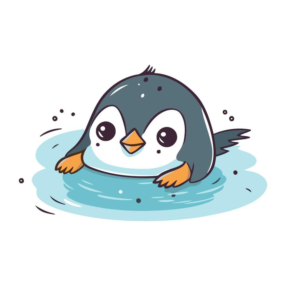 linda dibujos animados pingüino nadando en el agua. vector ilustración.