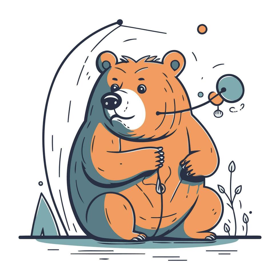 Vector illustration of a cute cartoon bear sitting on the ground with a fishing rod.