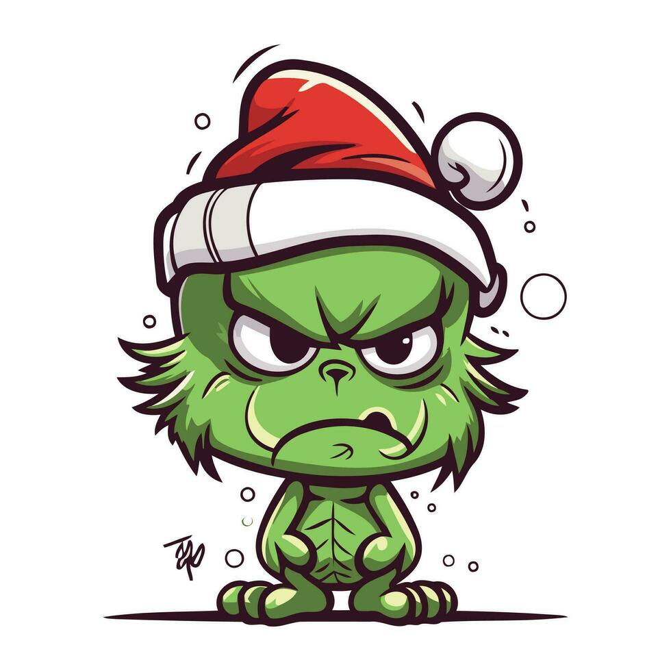 Angry cartoon monster in Santa Claus hat. Vector illustration on white background.