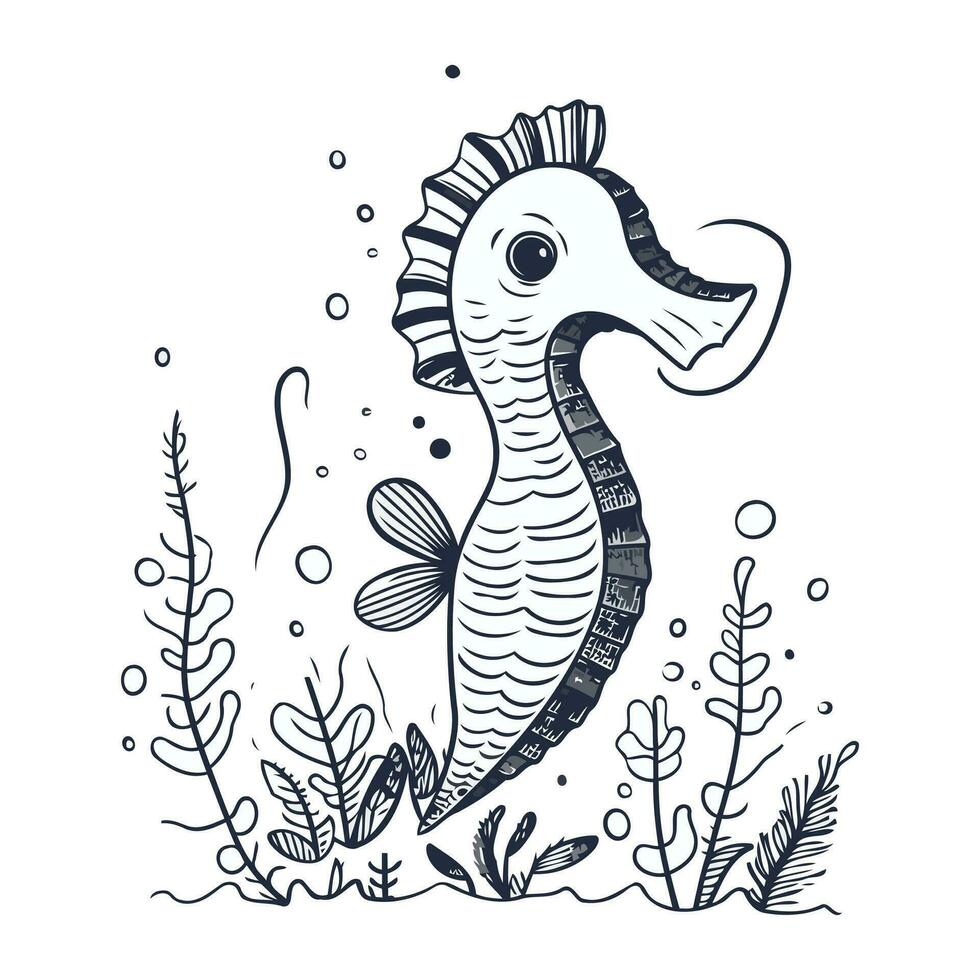 Cute seahorse in the sea. sketch for your design vector