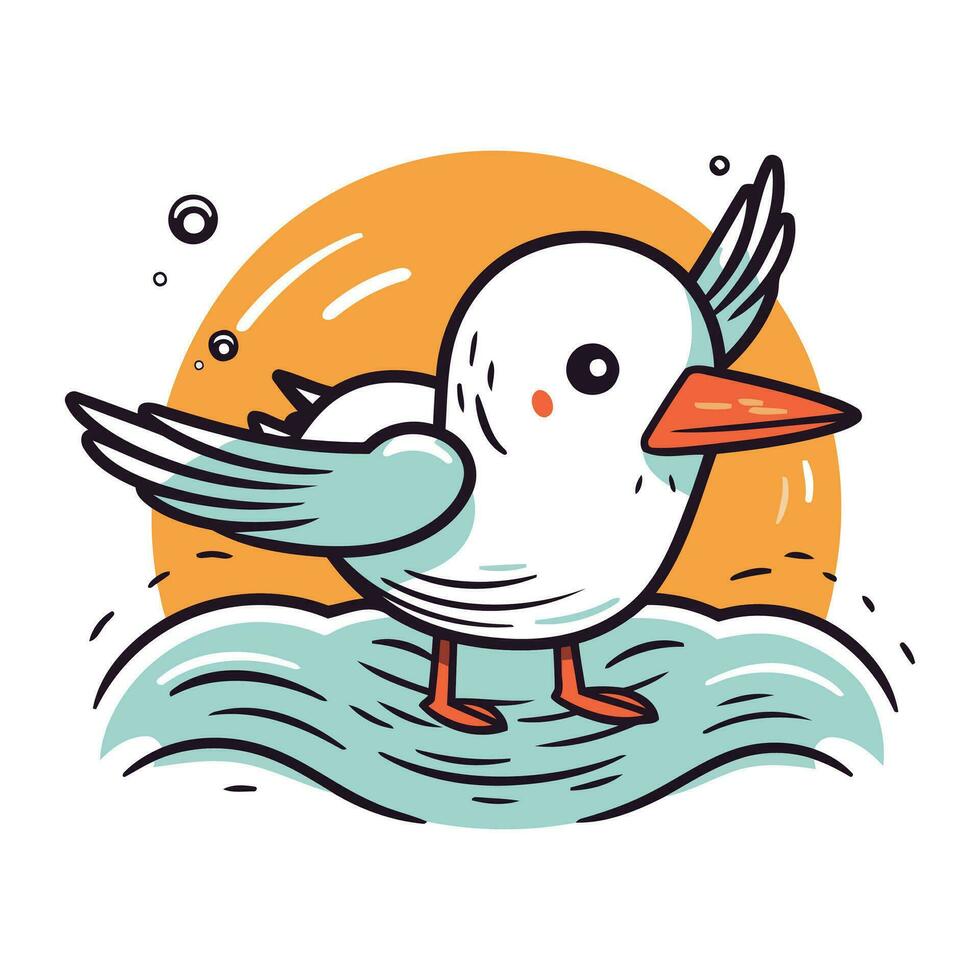 linda dibujos animados Gaviota en el mar. vector ilustración.