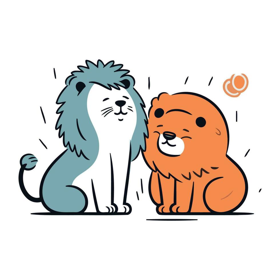 Cute cartoon lion and lioness. Hand drawn vector illustration.