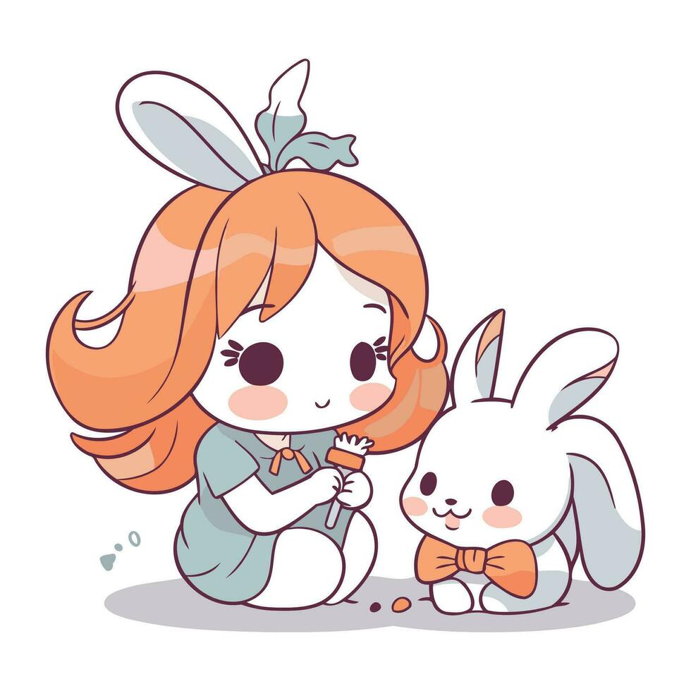 Cute little girl and rabbit. Vector illustration in a flat style.