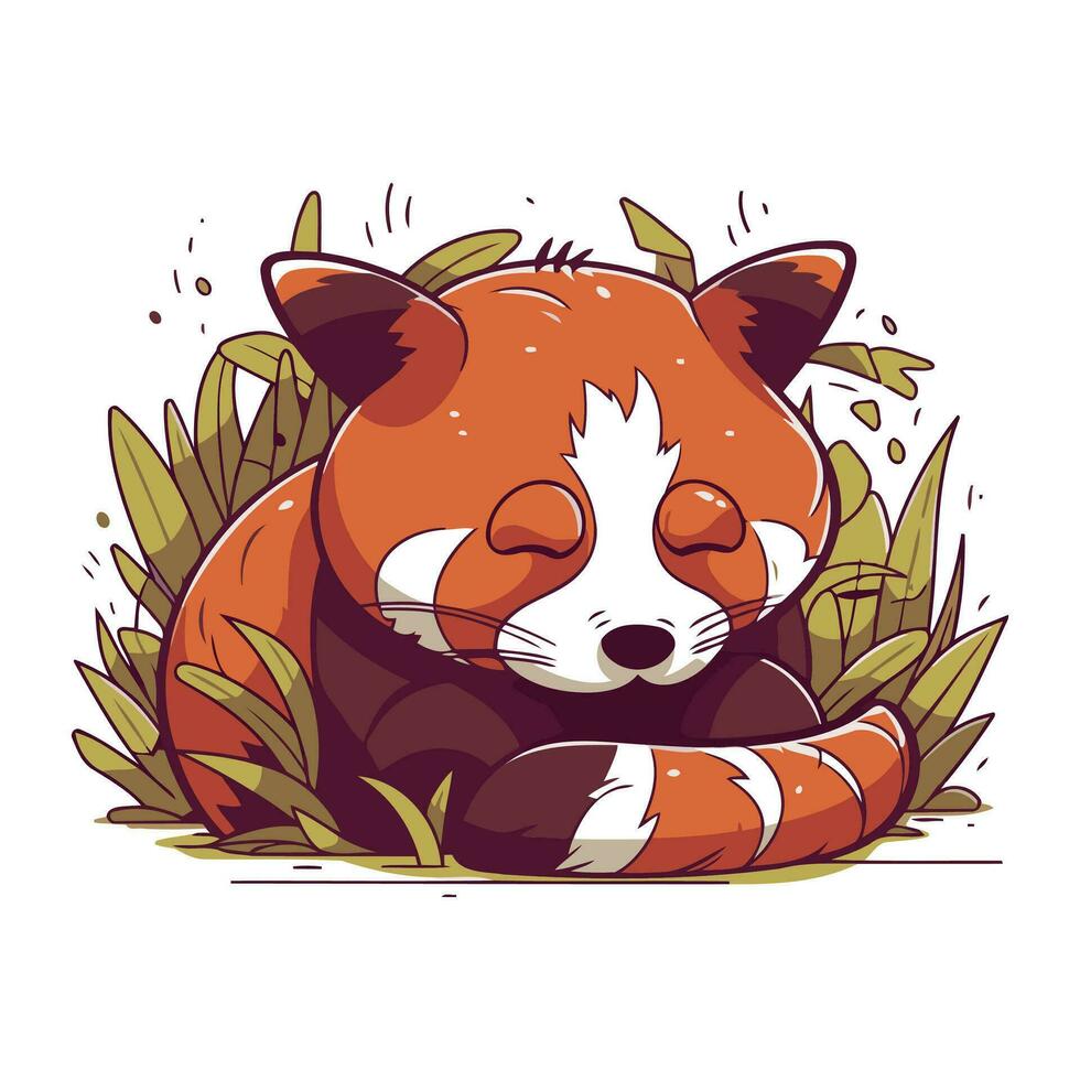 Red panda sleeping in the grass. Cute cartoon vector illustration.