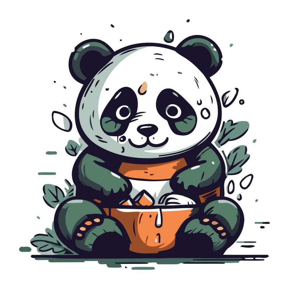 Cute panda bear with a bowl of food. Vector illustration.