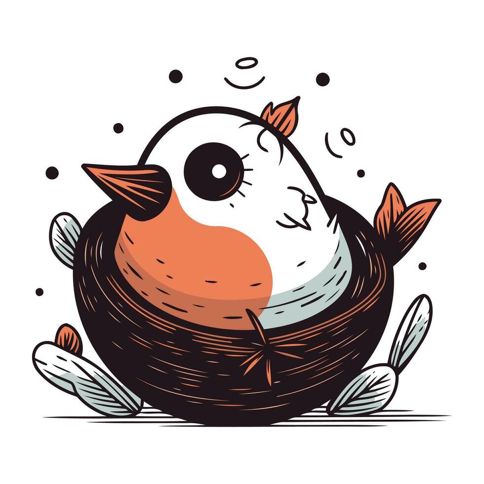 Cute cartoon bird in a nest. Hand drawn vector illustration.