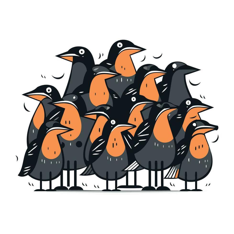 Cartoon black and orange birds. Vector illustration of a flock of birds.