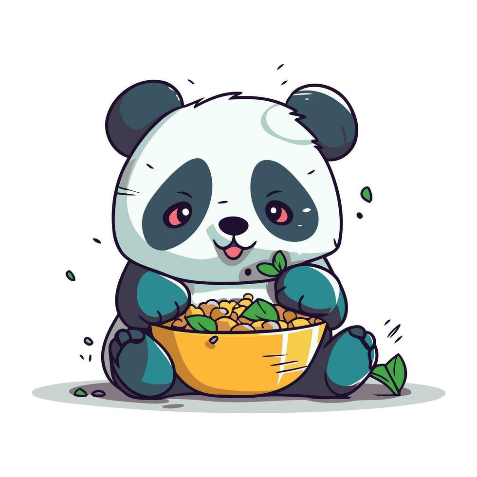 linda panda con cuenco de cereales. vector ilustración.