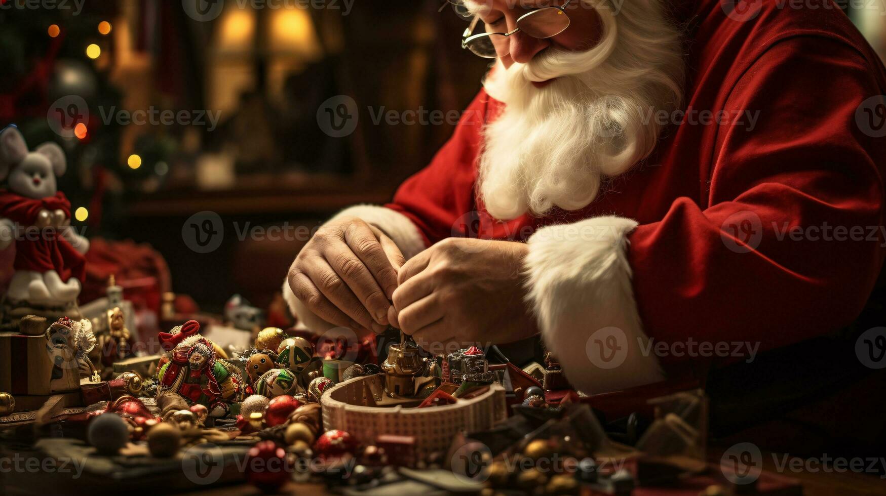 ai generative Close up of white santa working in his shop on toys photo