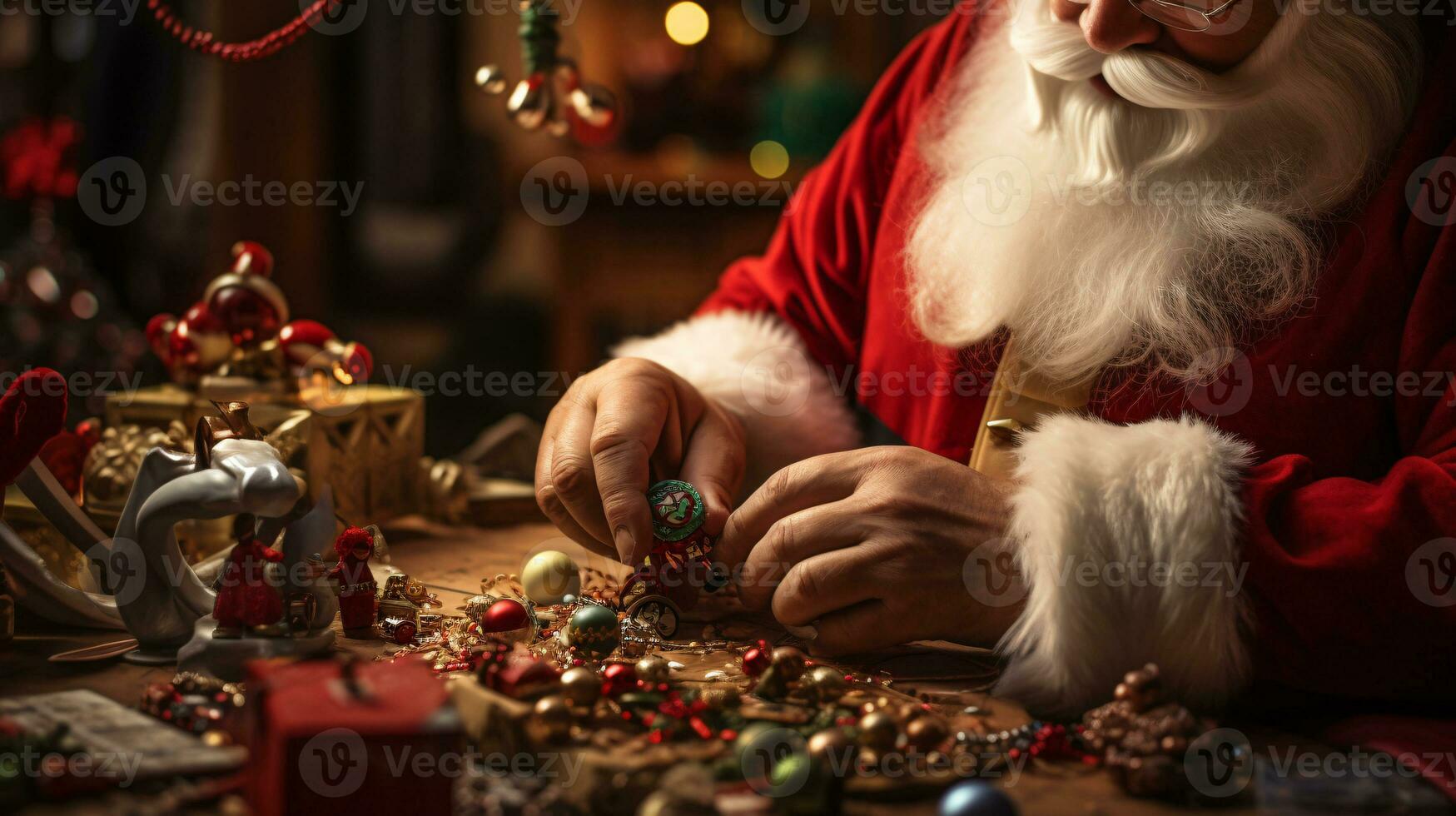 ai generative Close up of white santa working in his shop on toys photo